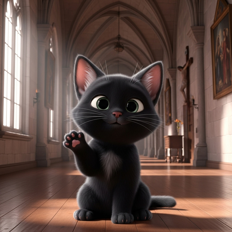 Pixar-Style Black Kitten Greeting in a Convent Hallway Pixar-Style Black Kitten Greeting in a Convent Hallway