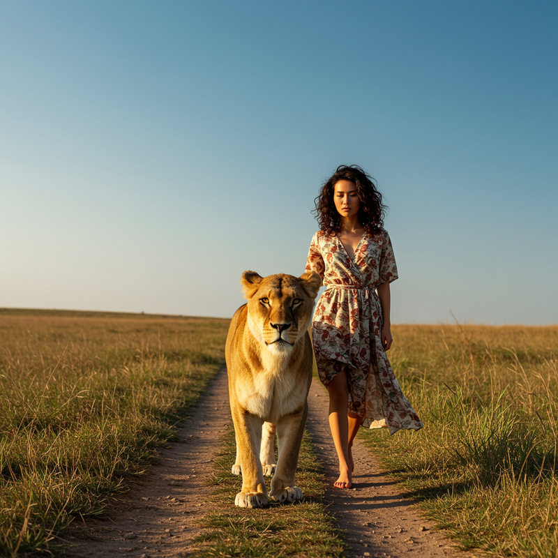 Embracing Nature: Kazakh Woman and Lioness Connection Embracing Nature: Kazakh Woman and Lioness Connection