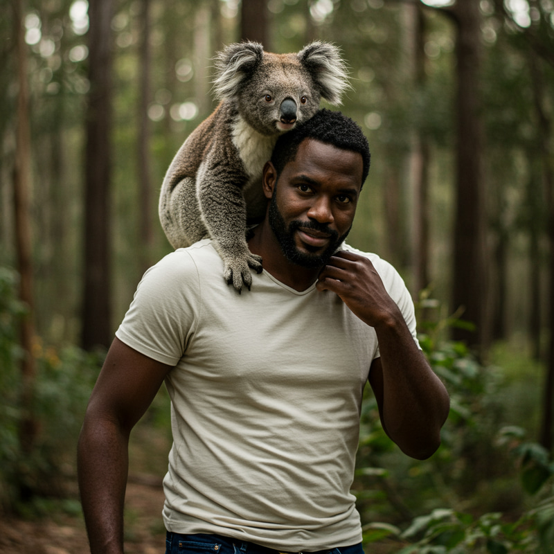Dark-Skinned Man with Koala on Shoulders