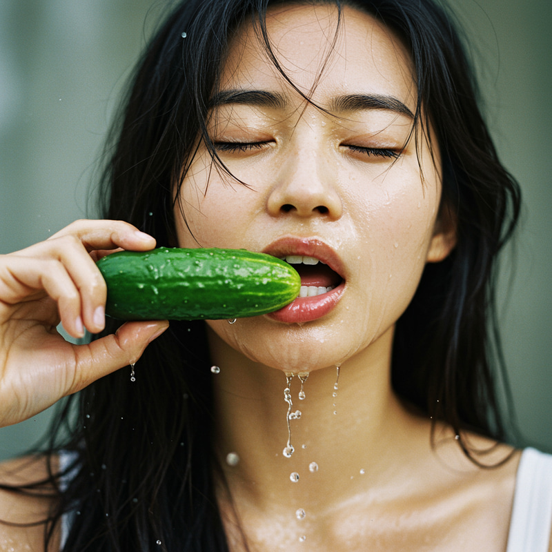Realistic Image of East Asian Woman with Cucumber Realistic Image of East Asian Woman with Cucumber
