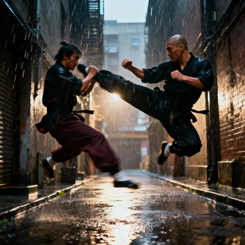 Dramatic Martial Arts Kick Exchange in Rainy Alley
