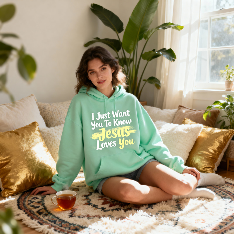 Cozy Room with Uplifting Jesus Hoodie Cozy Room with Uplifting Jesus Hoodie