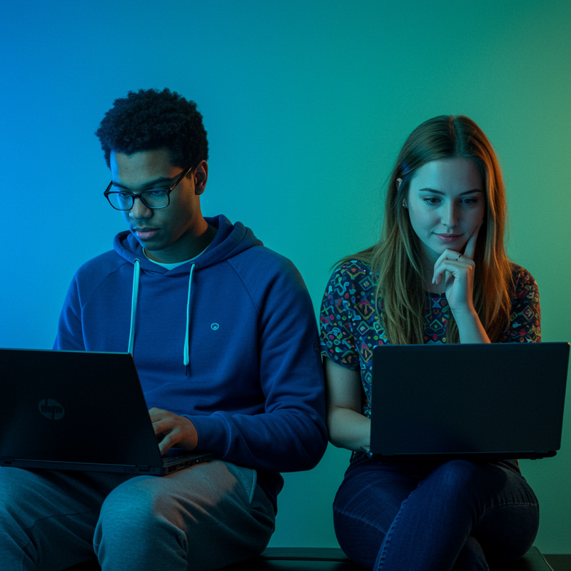 Diverse Programmers with Laptop on Colorful Background Diverse Programmers with Laptop on Colorful Background