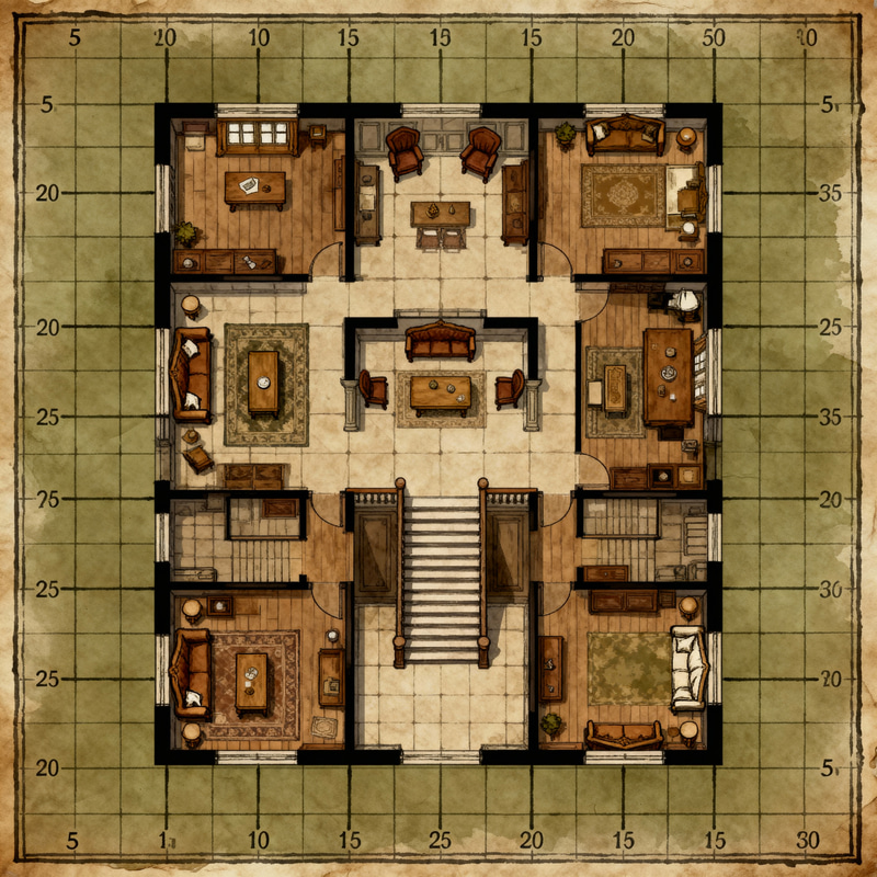 Grid-Lined Mansion Map for D&D Gameplay