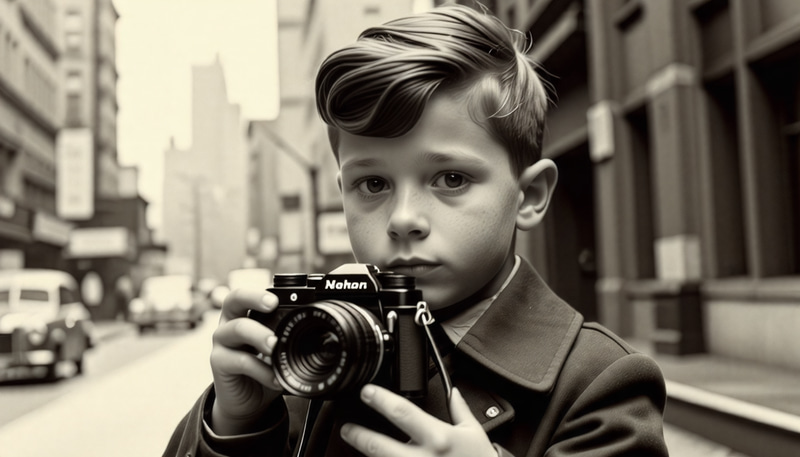 Vintage 1940's Boy with Camera in the City Vintage 1940's Boy with Camera in the City