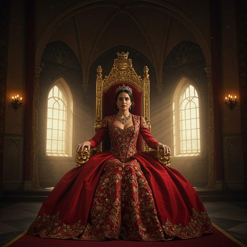 Queen on Throne in Red Dress - Stunning Artwork Queen on Throne in Red Dress - Stunning Artwork