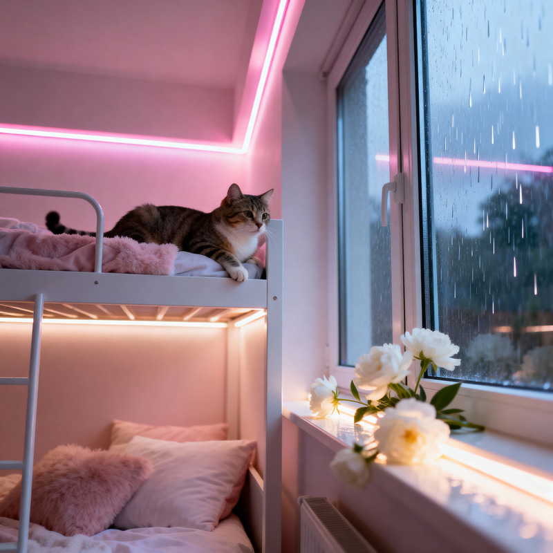 Cozy Bedroom Design with Playful Cat & LED Lighting Cozy Bedroom Design with Playful Cat & LED Lighting