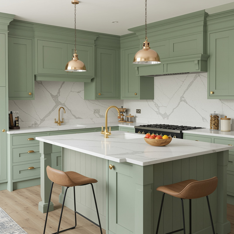 Sage Green Shaker Kitchen Design with Brass Accents Sage Green Shaker Kitchen Design with Brass Accents