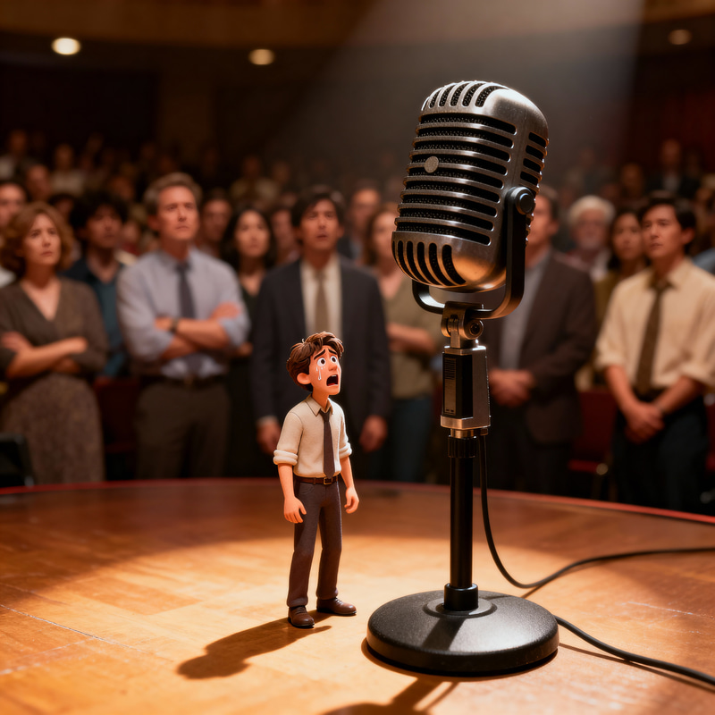 Nervous Speaker Stands Before Huge Microphone Nervous Speaker Stands Before Huge Microphone
