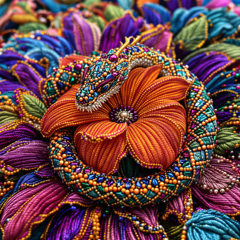 Intricate Serpent & Flower Embroidery Art Intricate Serpent & Flower Embroidery Art
