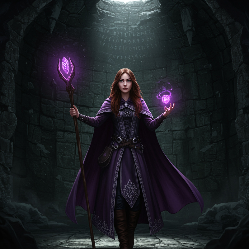 Female Mage with Purple Cloak and Rune Staff Female Mage with Purple Cloak and Rune Staff