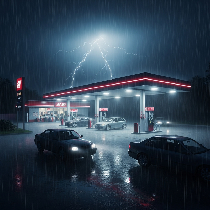 Gas Station in Heavy Rain at Night Gas Station in Heavy Rain at Night