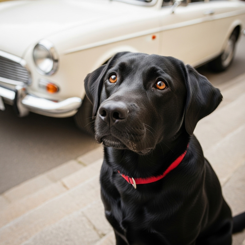Black Labrador Waiting by White Car Black Labrador Waiting by White Car