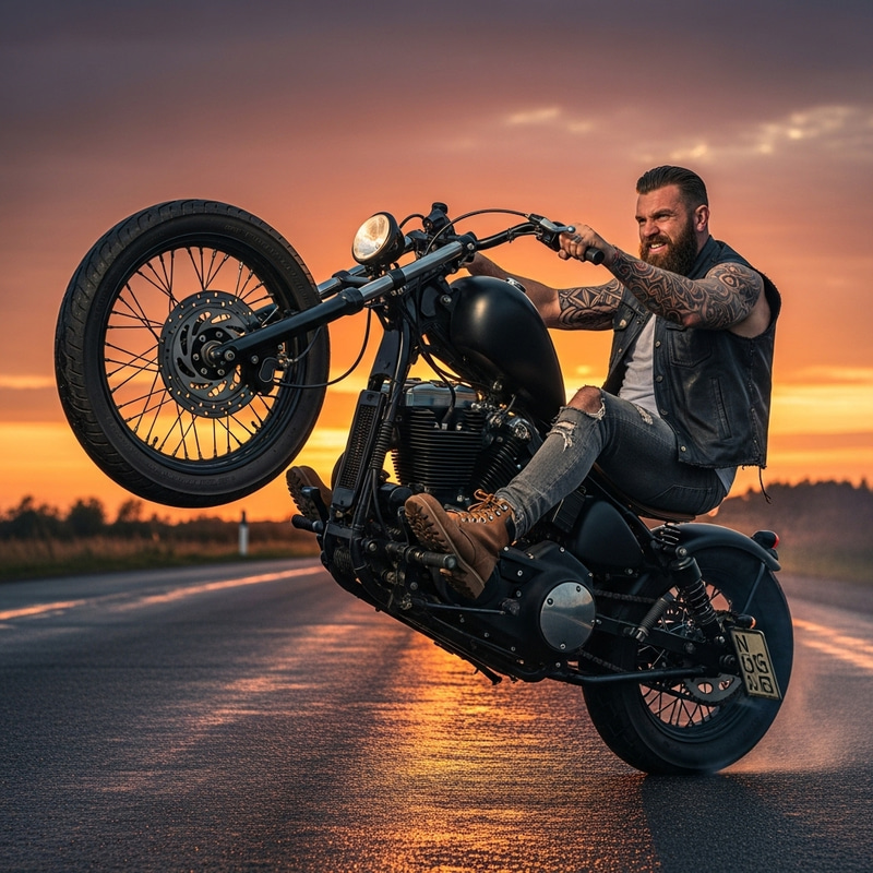 Bearded Muscular Man Wheelie on Motorcycle Bearded Muscular Man Wheelie on Motorcycle