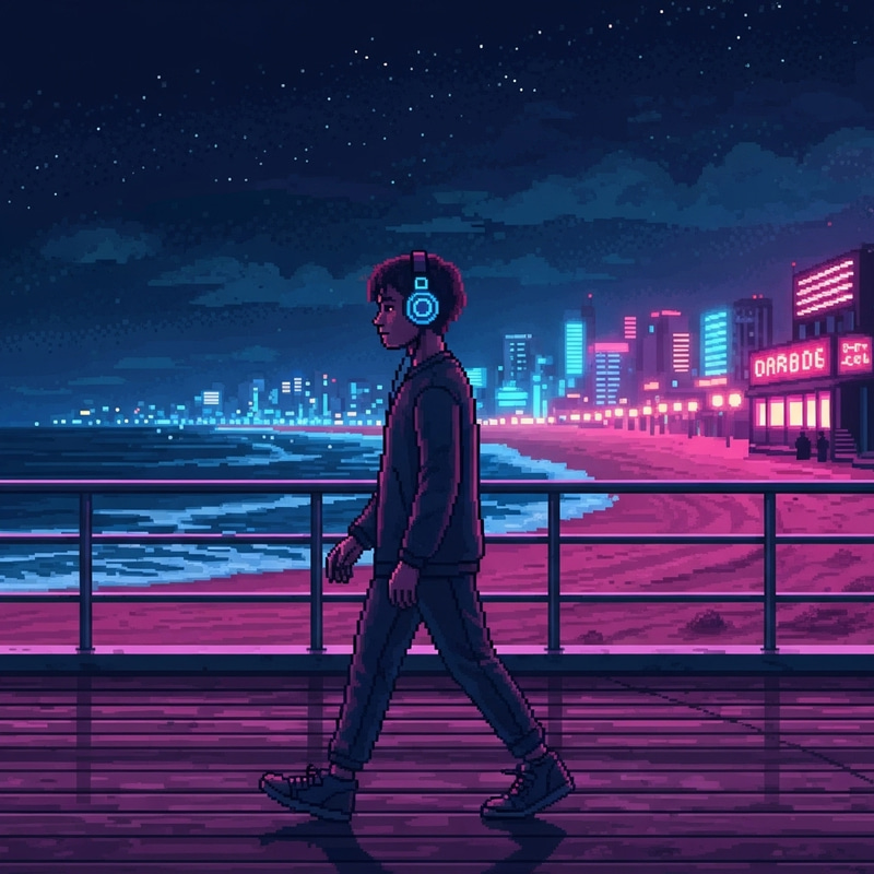 Teen with Neon Headphones at Night Beachfront Teen with Neon Headphones at Night Beachfront