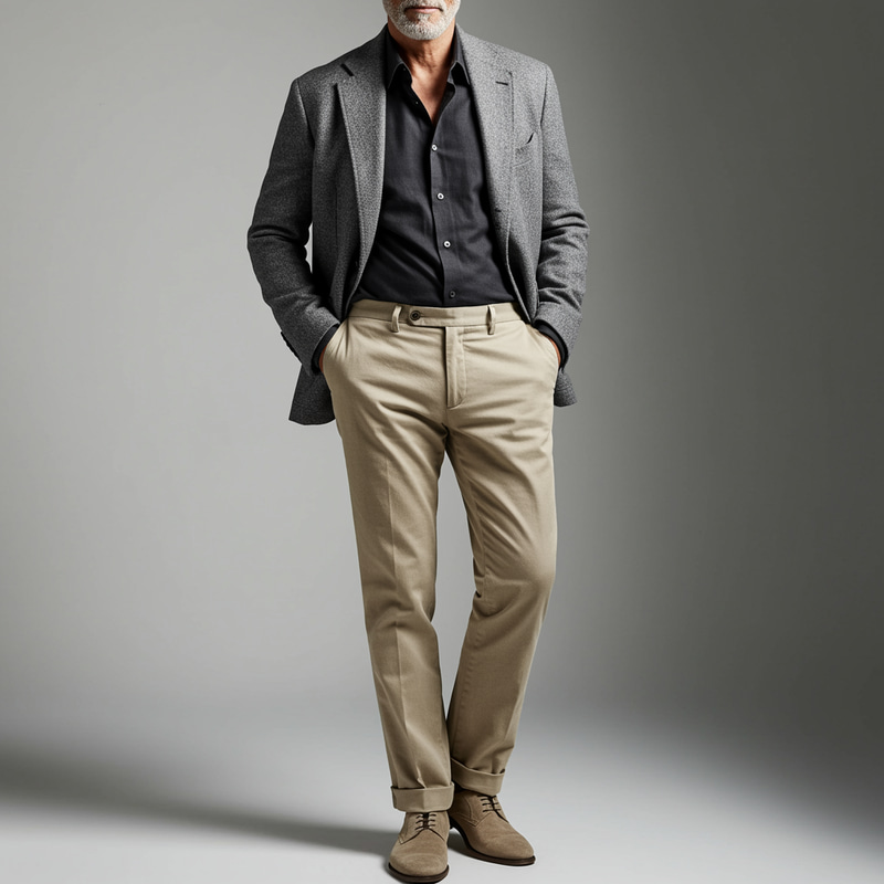 Stylish Man in Gray Blazer and Beige Outfit