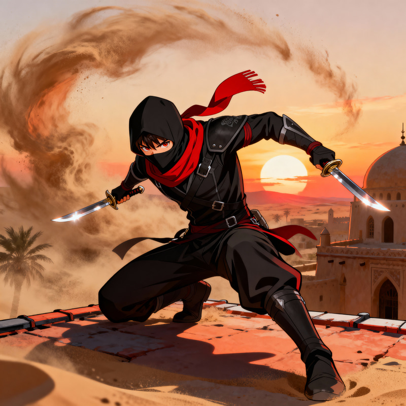 Assassin Cross: Morroc Rooftop Epic Scene in Sunset Assassin Cross: Morroc Rooftop Epic Scene in Sunset