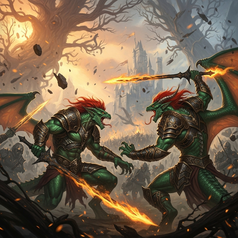 Humanoid Half-Dragons in Epic Fantasy Battle Humanoid Half-Dragons in Epic Fantasy Battle