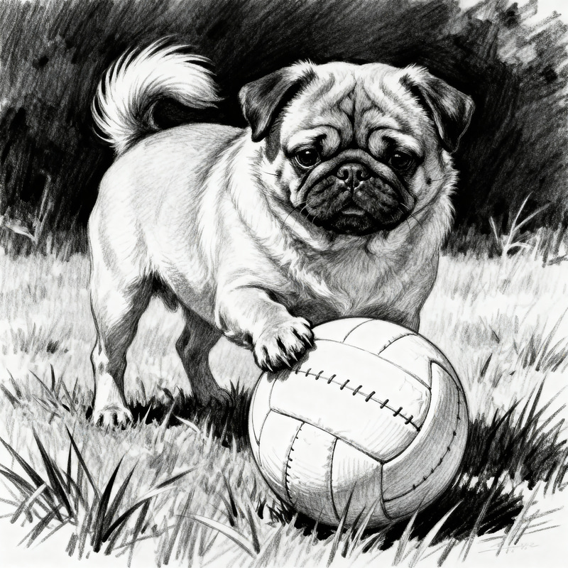 Carlin Dog Playing Volleyball - Black and White Drawing