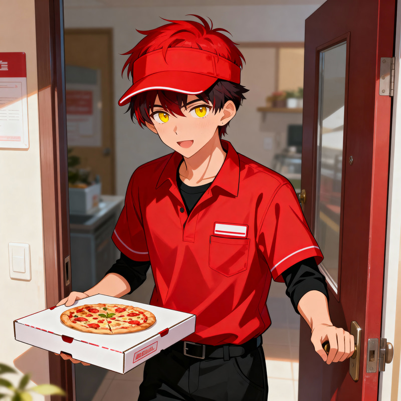 Anime Pizza Guy: Teen with Red Hair & Yellow Eyes Anime Pizza Guy: Teen with Red Hair & Yellow Eyes