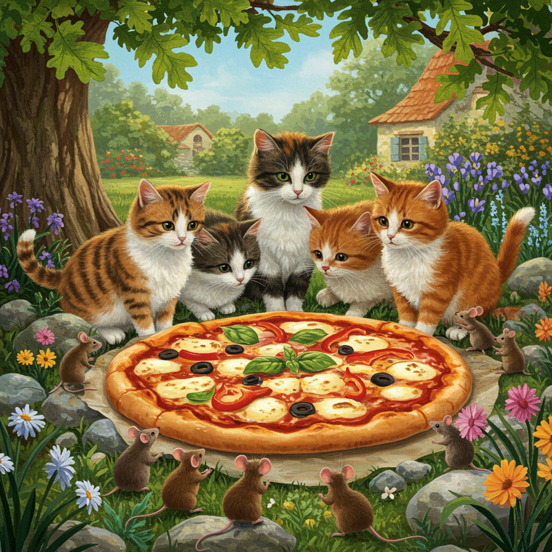 Cats in Village Garden Dreaming of Pizza Cats in Village Garden Dreaming of Pizza