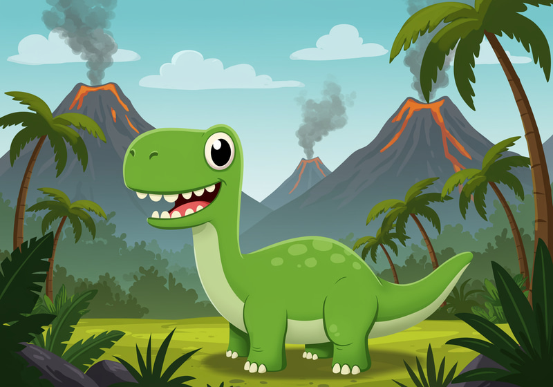 Smiling Cartoon Dinosaur in Prehistoric Jungle Smiling Cartoon Dinosaur in Prehistoric Jungle