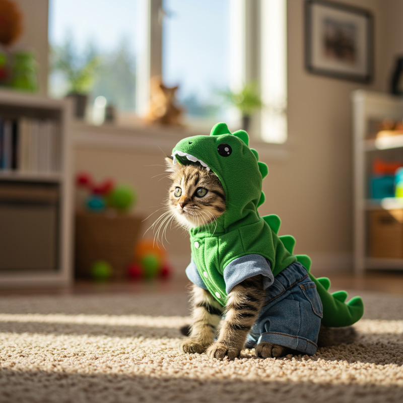 Adorable Baby Cat in Dinosaur Outfit at Home Adorable Baby Cat in Dinosaur Outfit at Home
