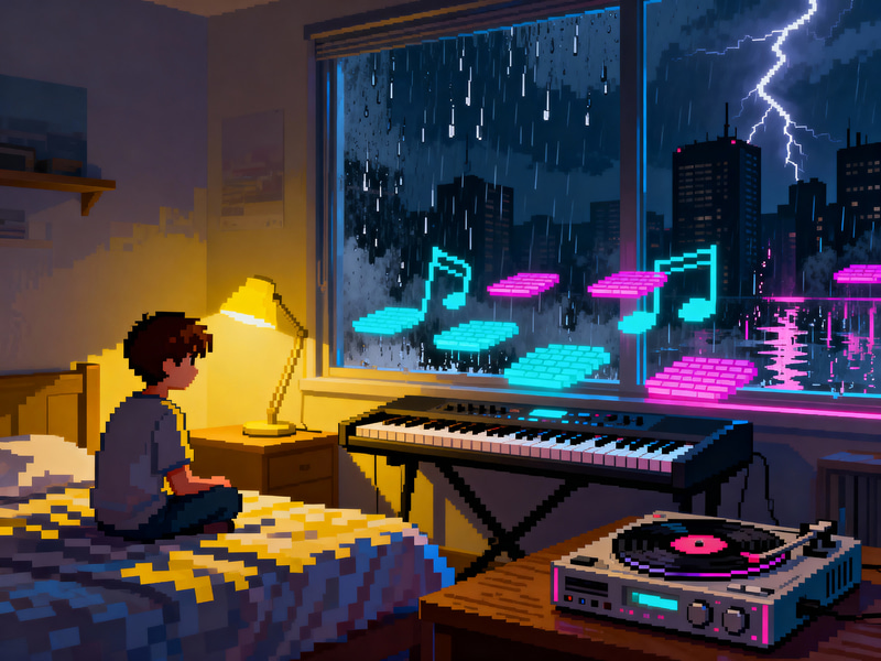 Pixel Art Boy in Neon Urban Room at Night Pixel Art Boy in Neon Urban Room at Night