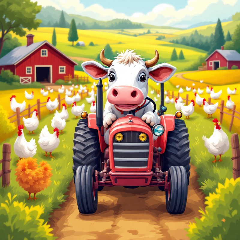 Playful Cow Driving Tractor on Colorful Farm Playful Cow Driving Tractor on Colorful Farm