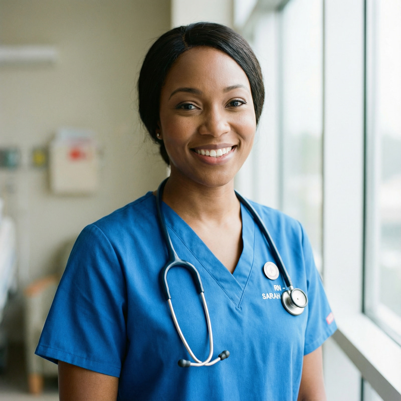 Caring Nurse Headshot in Medical Scrubs Caring Nurse Headshot in Medical Scrubs