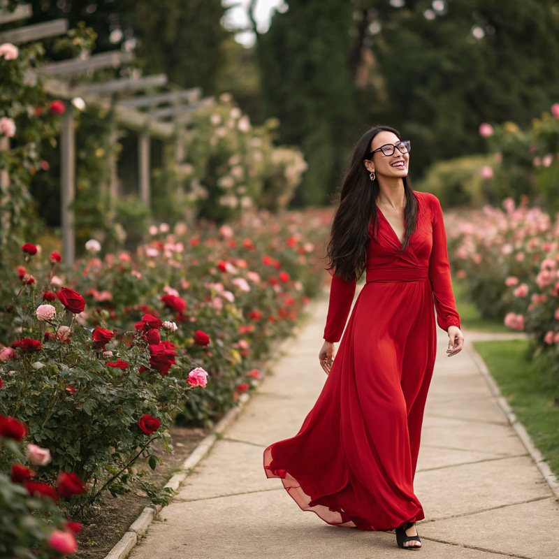 Elegant Woman in Red Dress at Rose Park Elegant Woman in Red Dress at Rose Park