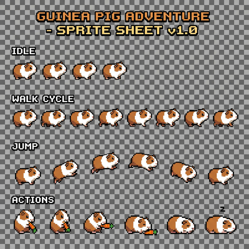Guinea Pig Pixel Art Sprite Sheet for Game Dev Guinea Pig Pixel Art Sprite Sheet for Game Dev