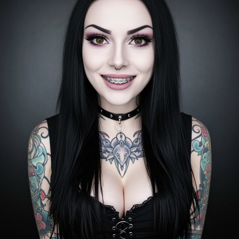 Confident Pale Goth Woman with Tattoos and Braces Confident Pale Goth Woman with Tattoos and Braces