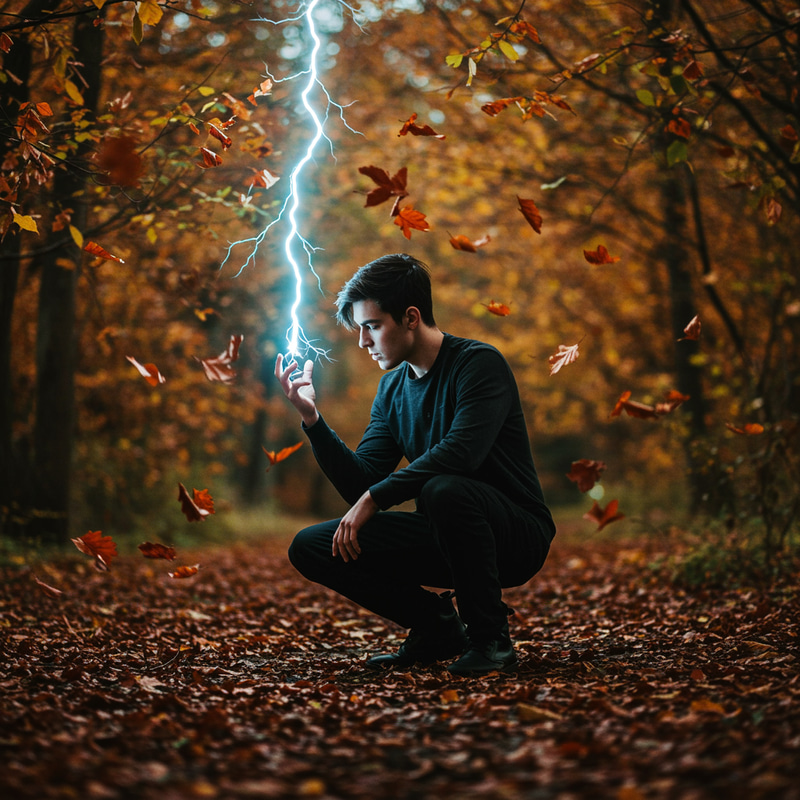 Crouched Male with Lightning Amid Falling Leaves