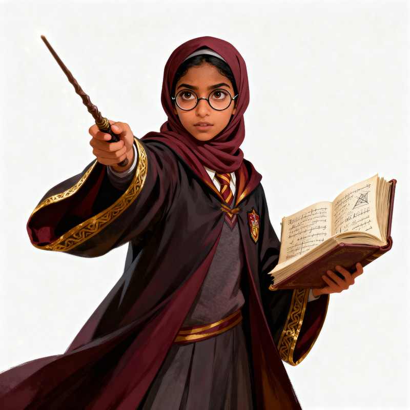 Brave Middle-Eastern Female Wizard in Hogwarts Robes Brave Middle-Eastern Female Wizard in Hogwarts Robes