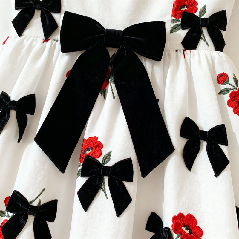Vintage White Dress with Black Bows & Red Flowers Vintage White Dress with Black Bows & Red Flowers