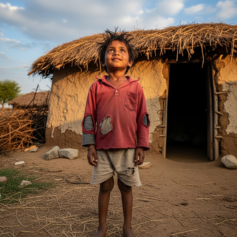 Hopeful Indian Boy in Front of Mud Hut Hopeful Indian Boy in Front of Mud Hut