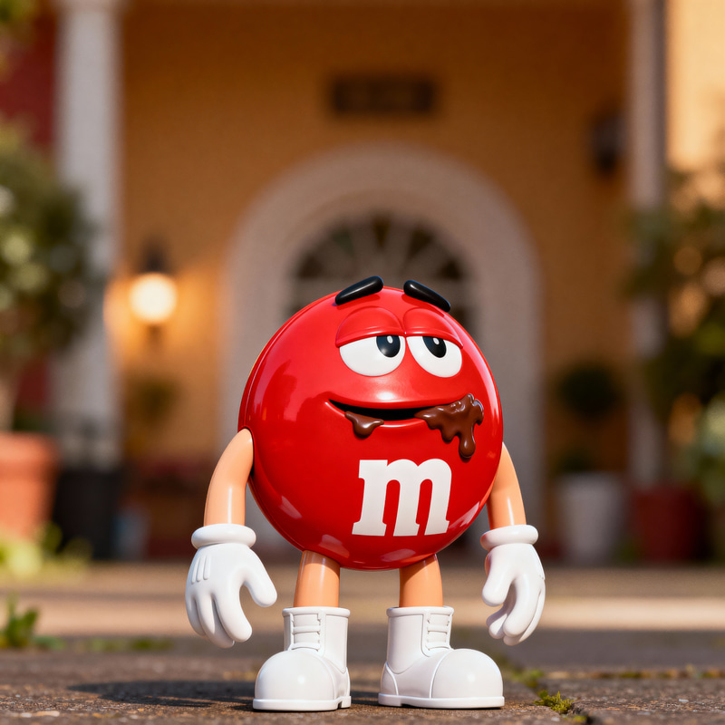 Happy Red M&M Character with Chocolate Smile Happy Red M&M Character with Chocolate Smile