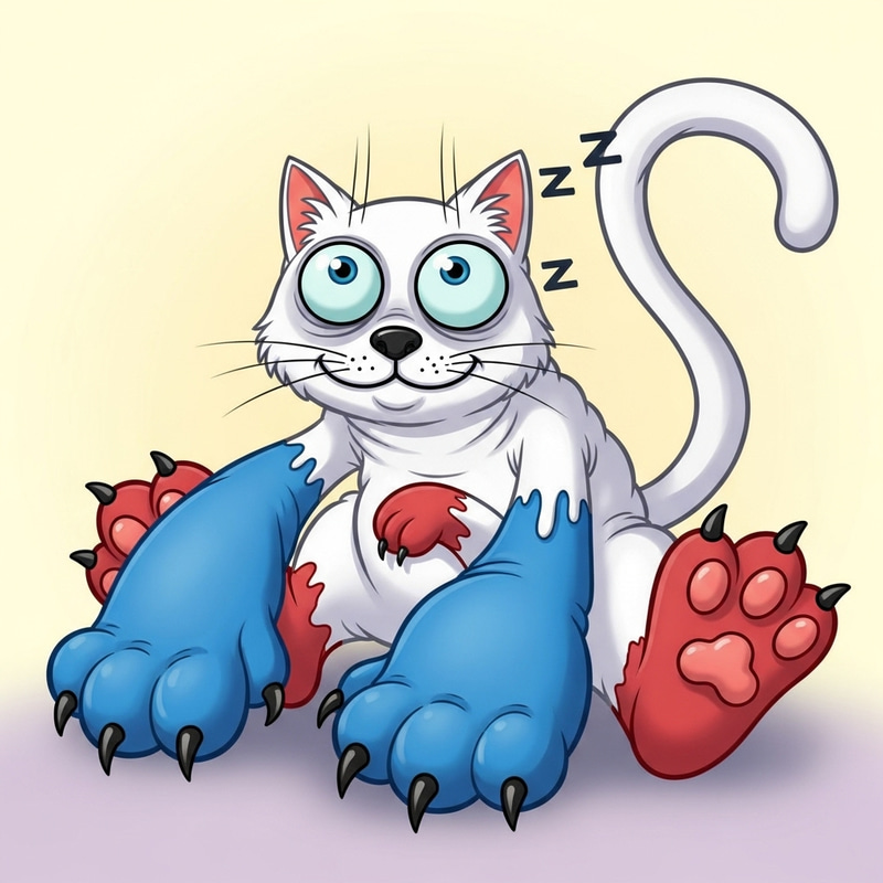 Cute Goopy White Cat with Big Head and Colorful Paws Cute Goopy White Cat with Big Head and Colorful Paws