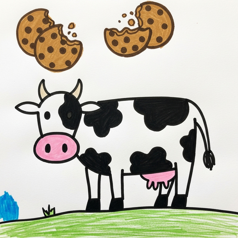 Child's Simple Drawing of a Cow and Cookies Child's Simple Drawing of a Cow and Cookies