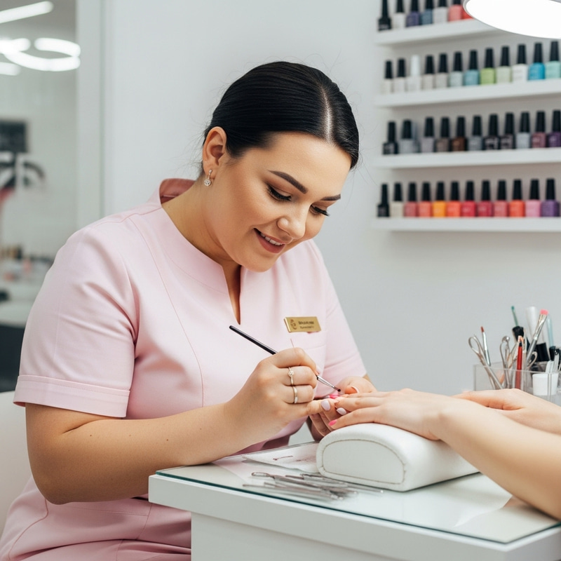 Plus-Size Manicurist in Pink Uniform