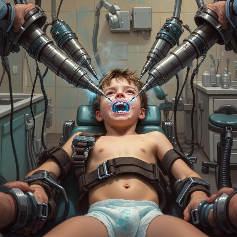 Surreal Dental Scene: Four-Armed Dentist Surreal Dental Scene: Four-Armed Dentist