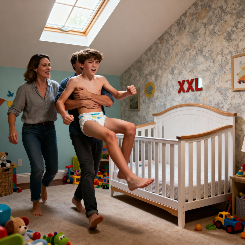 Teenager's Playful Resistance in XXL Baby Bed