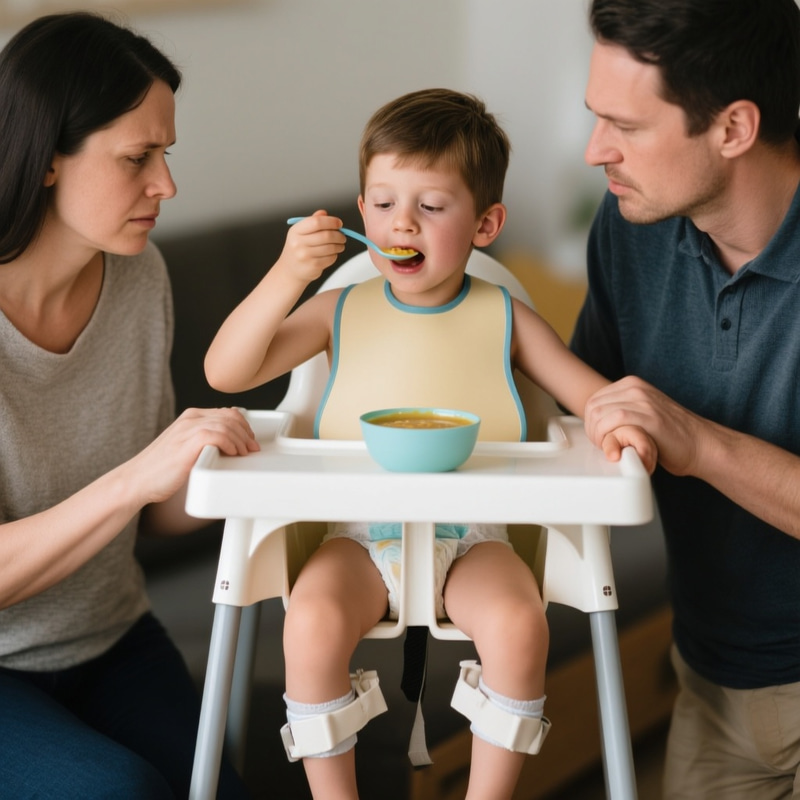 12-Year-Old Boy in High Chair for Feeding 12-Year-Old Boy in High Chair for Feeding