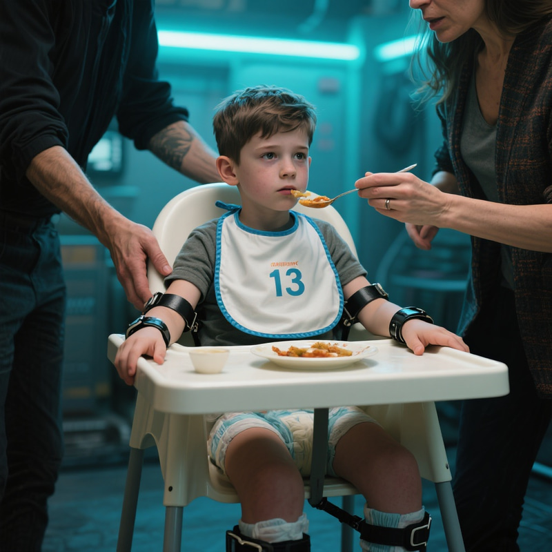Cyberpunk High Chair Feeding Scene Cyberpunk High Chair Feeding Scene