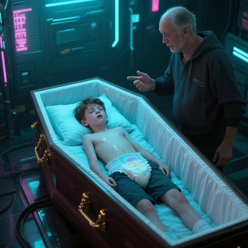 Cyberpunk Teen's Uncomfortable Coffin Experience