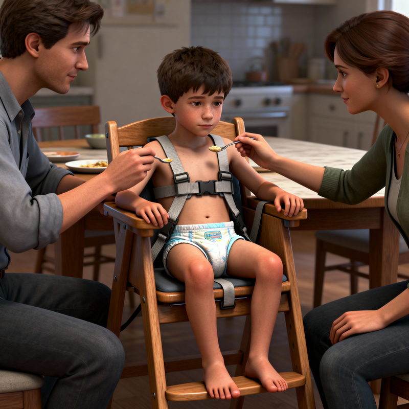 High Chair Feeding: Teen Bondage in 3D Render