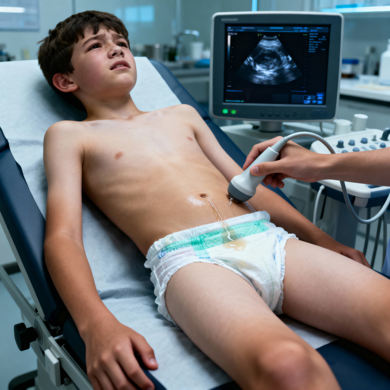 Teen Boy Undergoing Ultrasound Scan in Lab