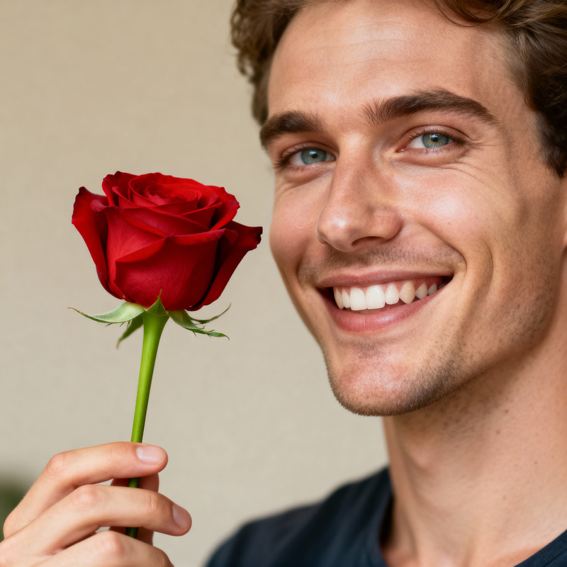 Caucasian Male Holding a Red Rose