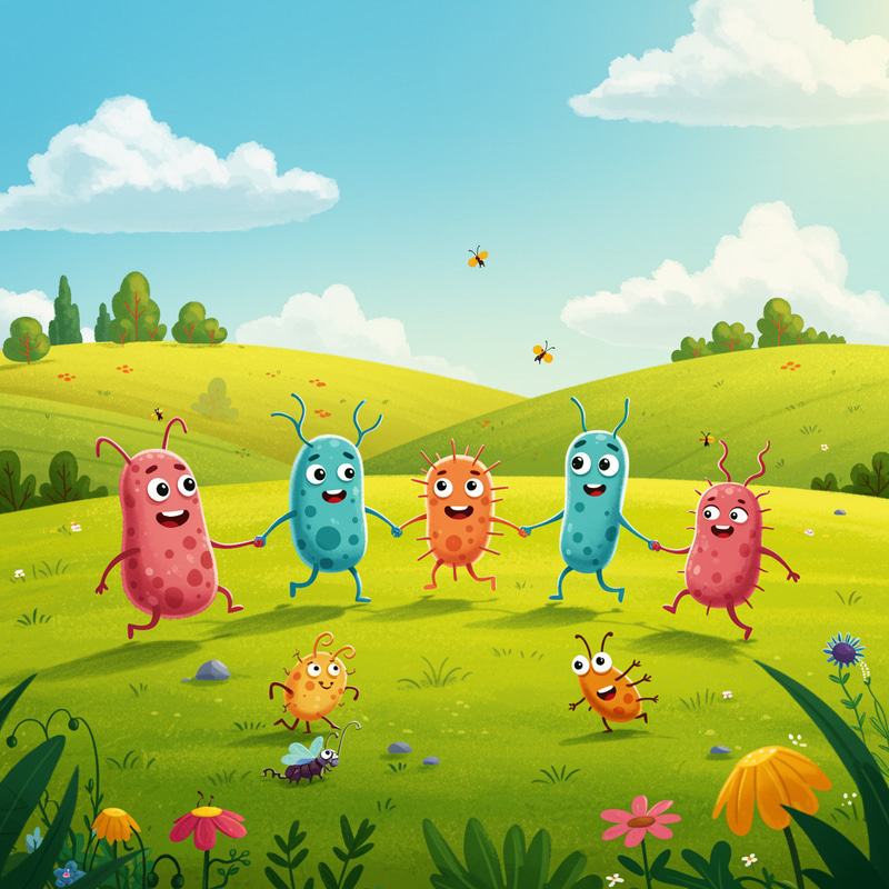 Microbes Cartoon: Playful Friends in a Landscape Microbes Cartoon: Playful Friends in a Landscape